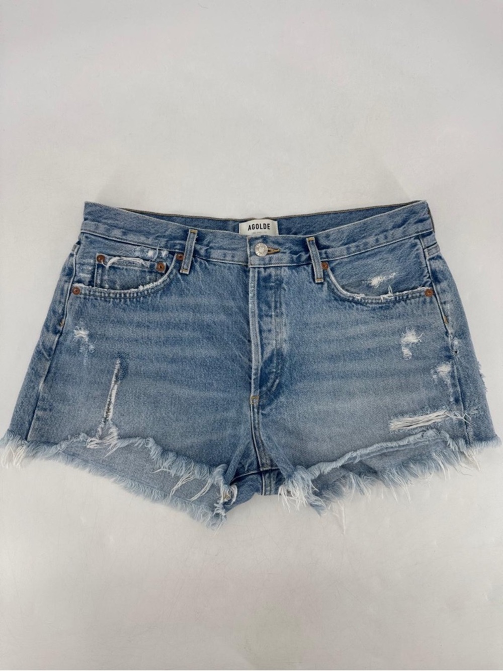 Agolde Parker Vintage Distressed Cut Off High Rise Button Fly Denim Shorts